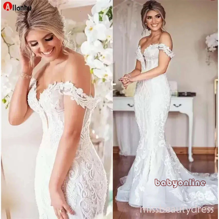 Lace Wedding Designer Dress Plus Size Mermaid Bridal Gowns Vintage Appliqued Off The Shoulder Sexy Lady Marriage Dresses Arabic Aso Ebi White Ivory