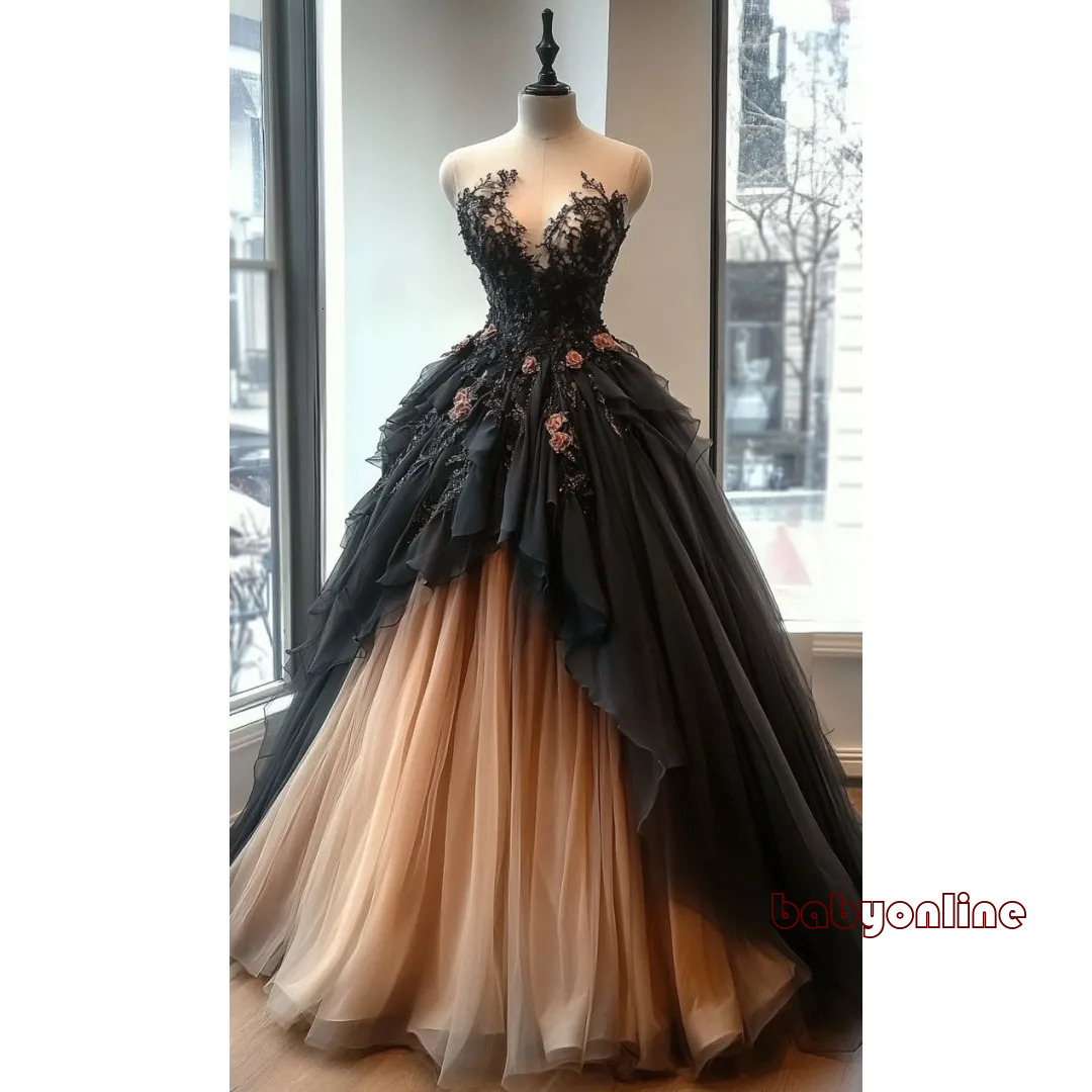 Vintage Black And Peach Evening Dresses With Lace Appliques Illusion Jewel Neck Sleeveless A Line Floor Length Prom Gothic Special Occasion Gown Ves