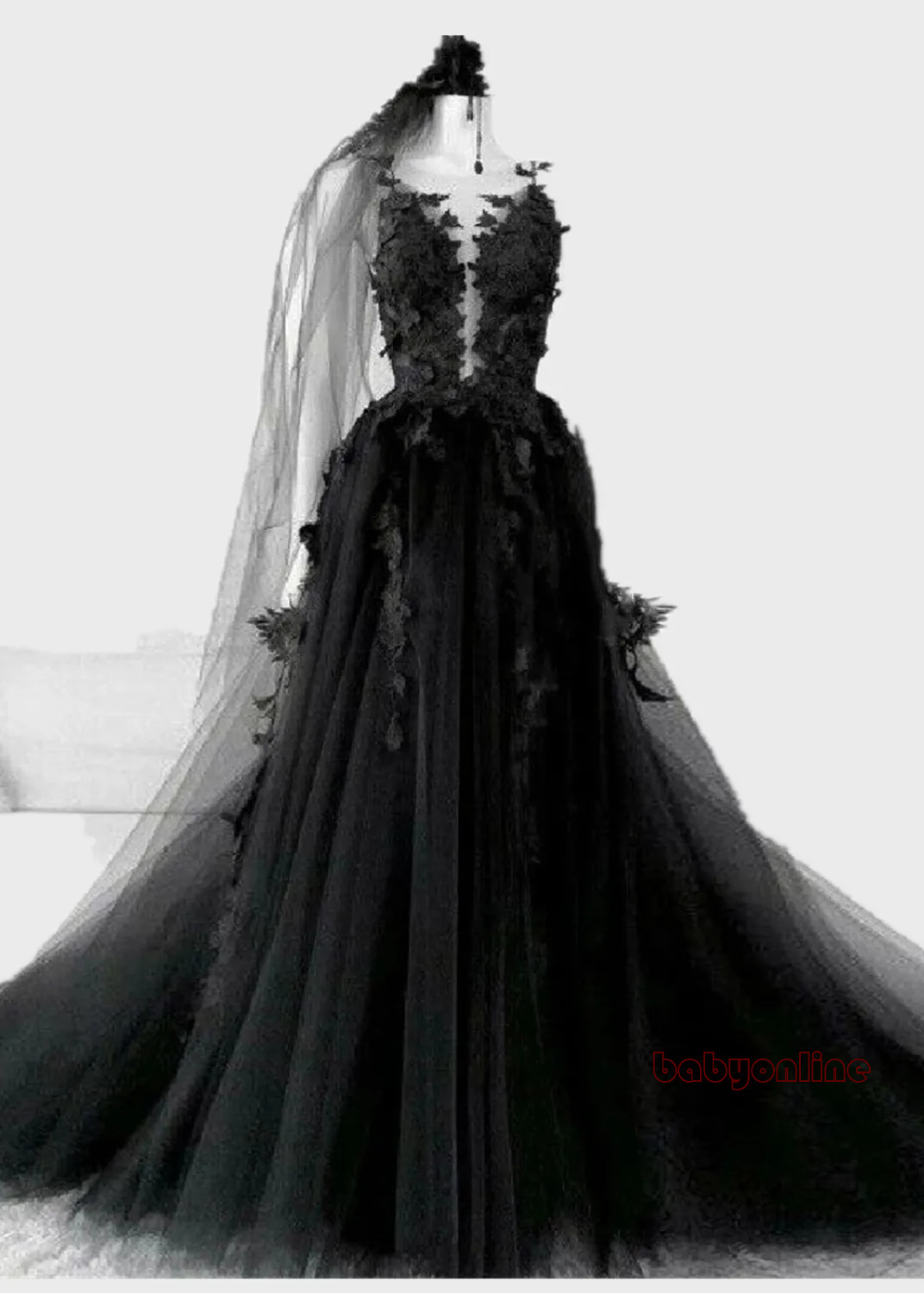Gothic Black Wedding Dresses A Line Floral Lace Appliques Bridal Gowns Vintage Backless Boho Beach Puffy Tulle Bride Dress Plus Size