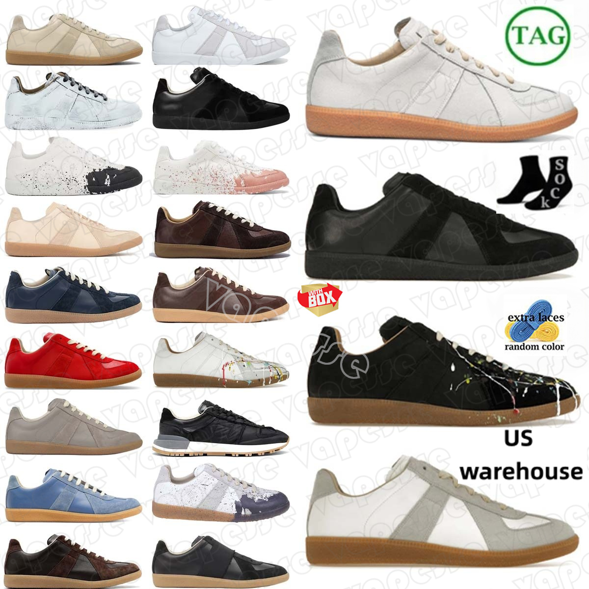 designer Sneaker MM6 Replicaess Dark Indigo White Cloud Grey Gum Dirty Wash Brown German Army Trainer Dirty Wash Papyrus Black Gum Paint Splatter