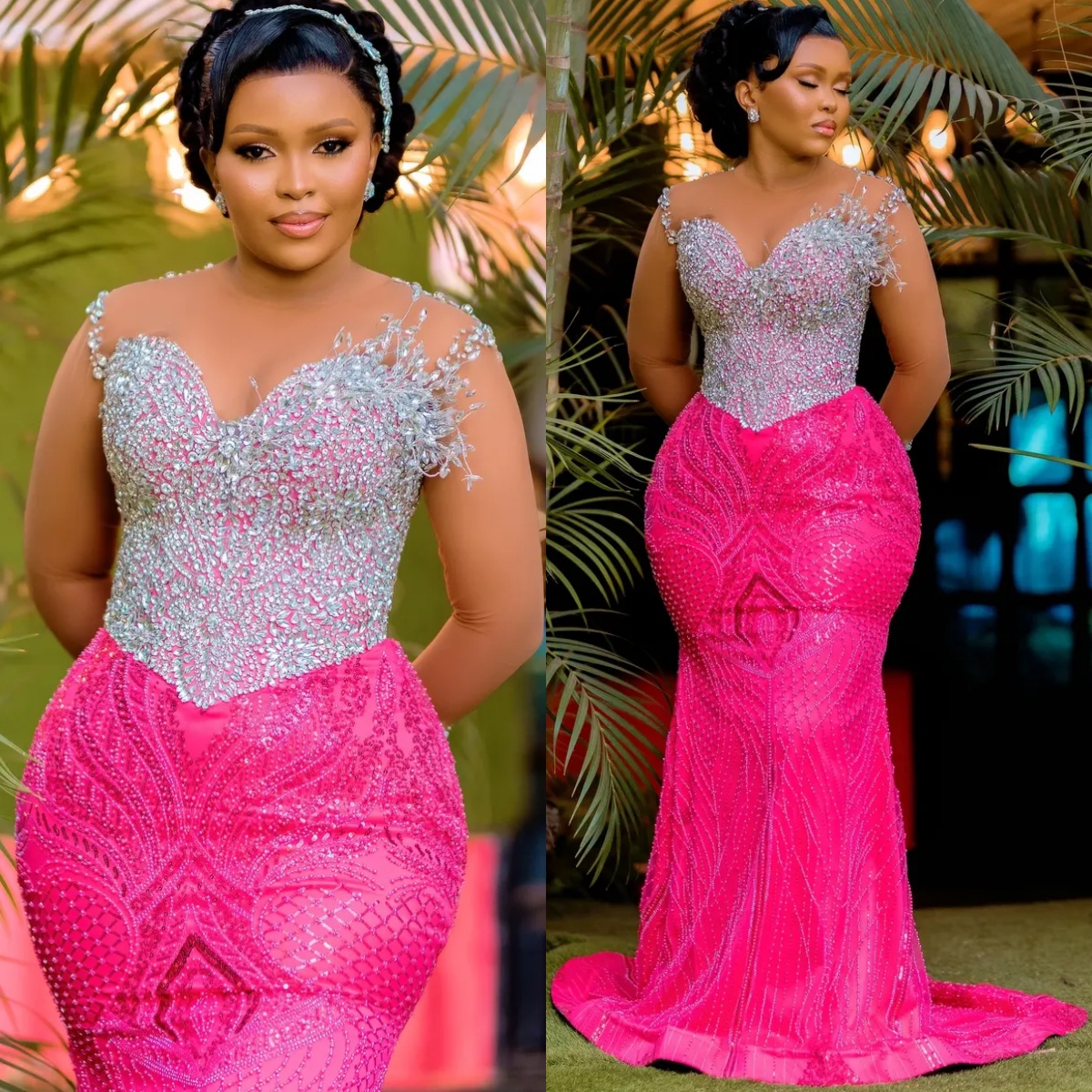 2026 Aso Ebi Pink Prom Evening Dresses Sheer Neck Pe