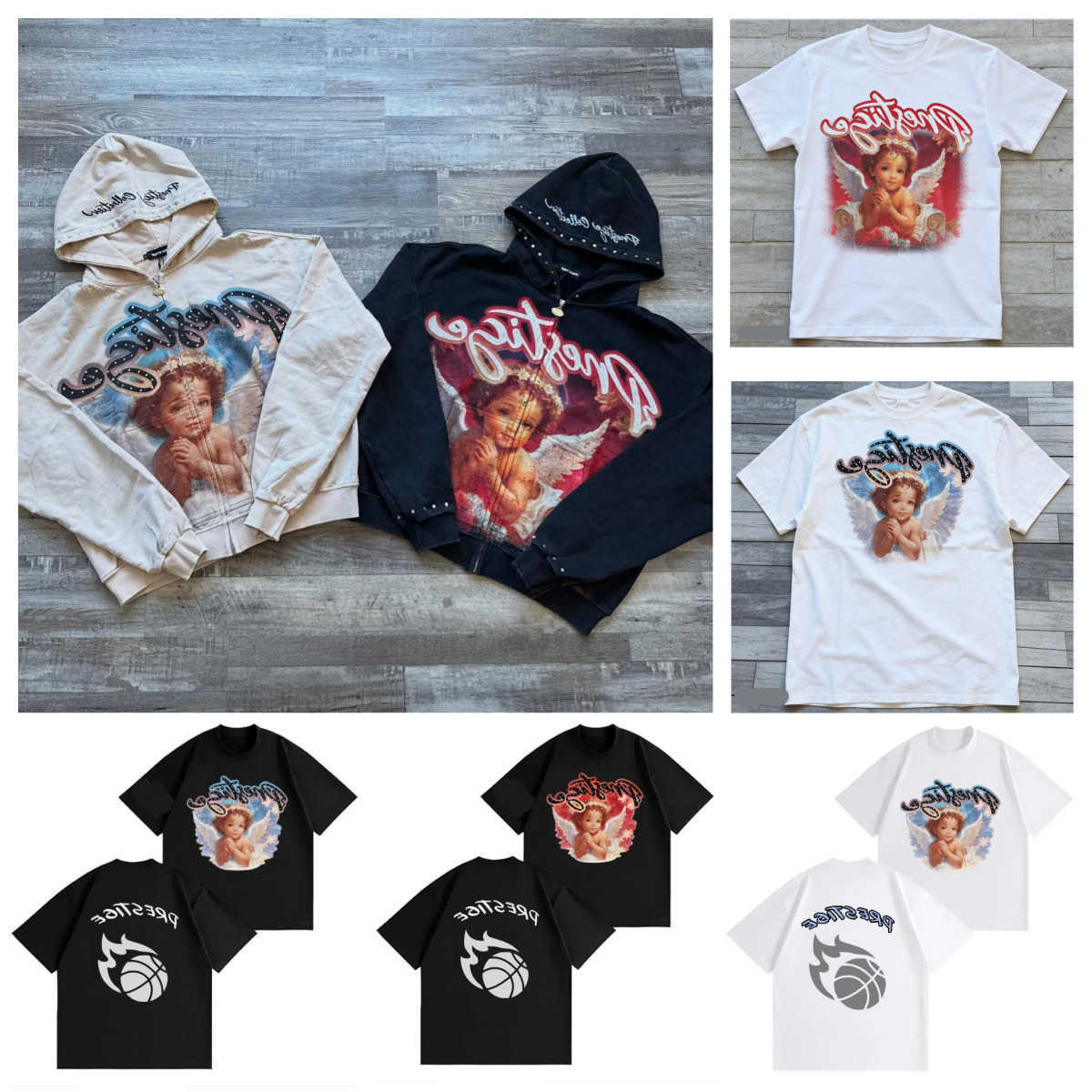 Hoodies Mens Prestige Hoodie Little Angel Pattern Print Zipper Sweater Vintage Spring And Winter High Strt Fashion Trendy Set For Men And Women L264