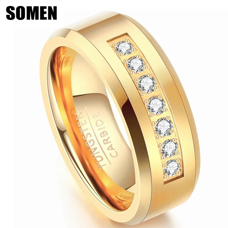 Somen 8mm carbure de tungstène cubique Zircon anneaux de mariage pour hommes femmes anneau CZ incrusté poli fiançailles bijoux de mode 260629
