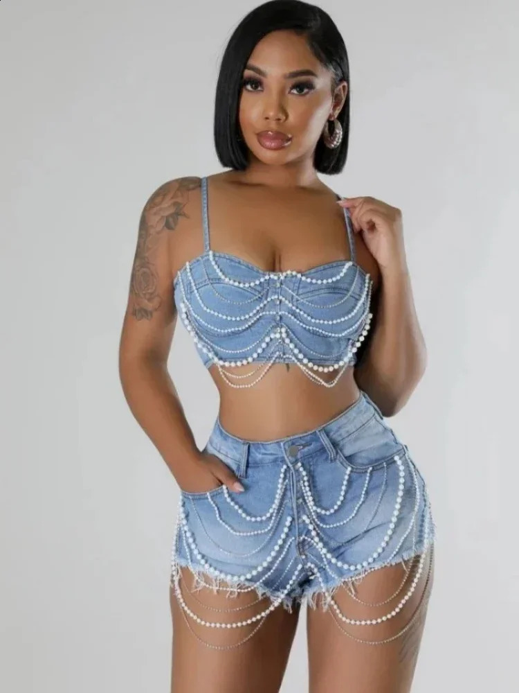 CPSYMYM Women Set Denim Strapless Pearl Beading Top Shorts Sets Street Casual Two 2 Piece Set Sexy Party Outfit Summer 260629BJ