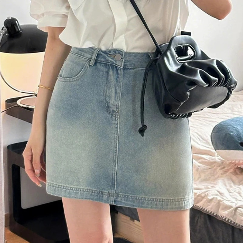 High Waist Denim Short Skirts for Women Summer Korean Style Elegant Slim Fit A-line Skirt Woman Vintage Washed Blue Jean Skirts 260629BJ