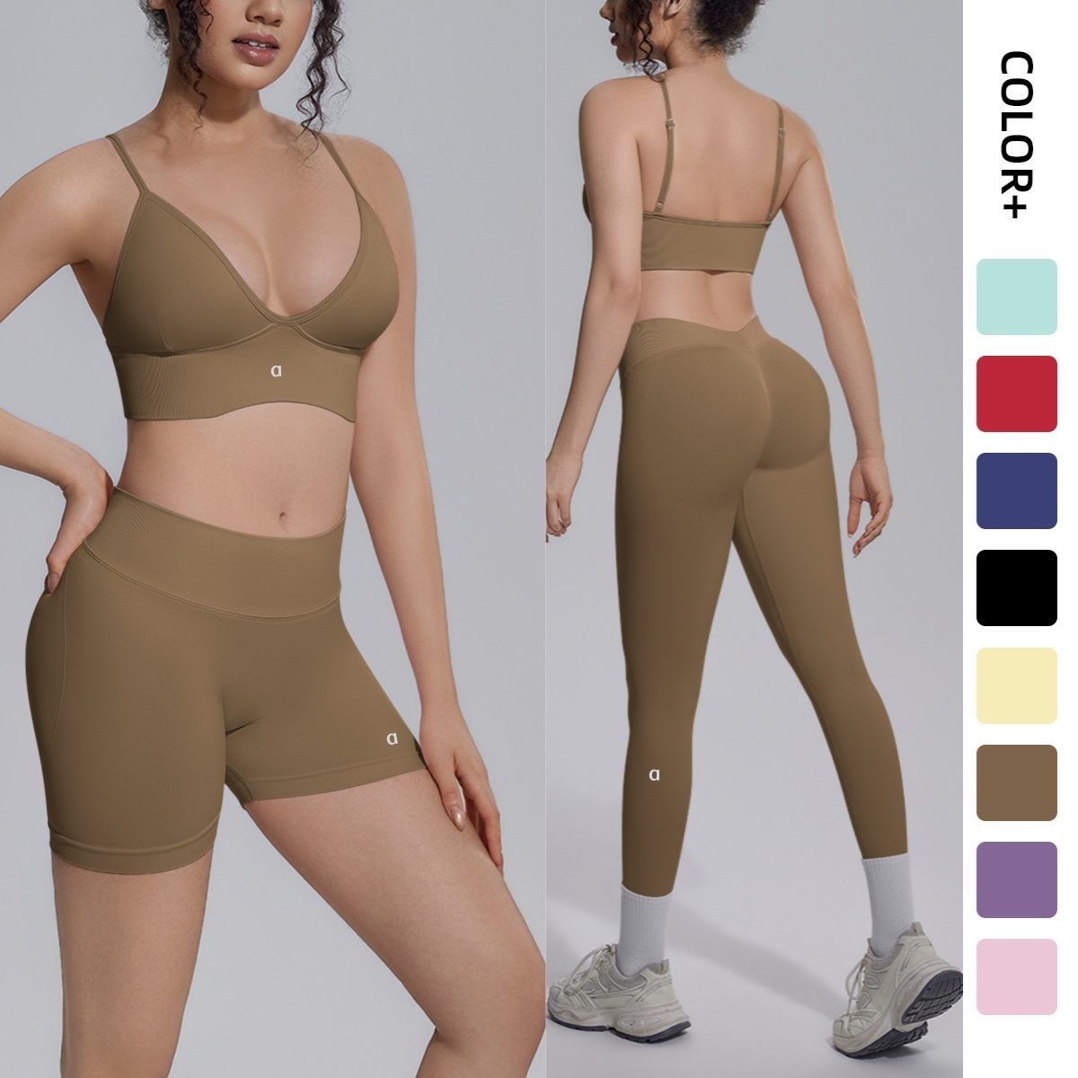 A2318 Ensemble d'entraînement de soutien-gorge de sport serré sans couture pour femmes, short de gymnastique taille haute de trois pouces, collan