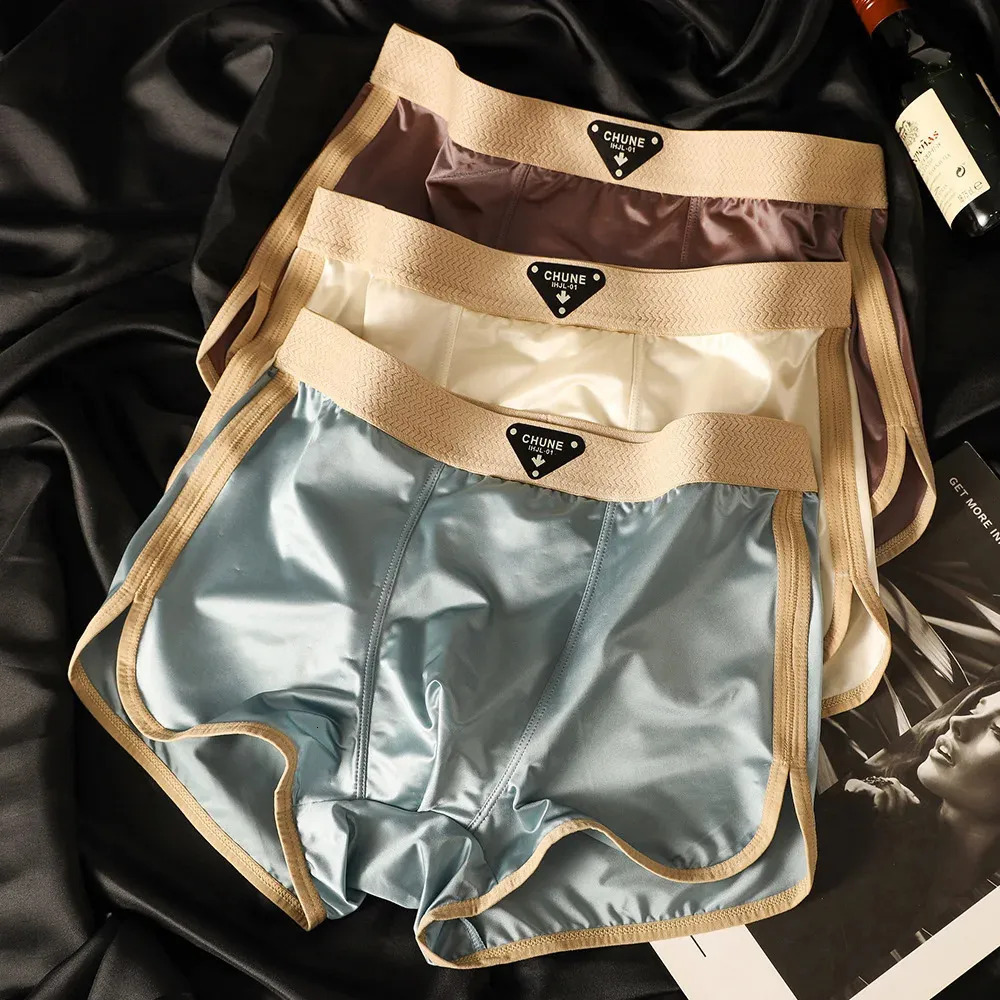 Designer 3PCSPack Satin like Ice Mens Panties Hygroscopic Breathable Double layer Silk Crotch Boxer High Elastic Underpants