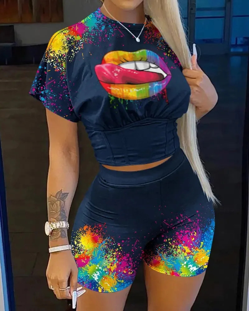 Casual O-neck Short Sleeve T-shirt Shorts Set Office Lady Summer Letter Print Tops Solid Shorts Two Piece Set Women Outfit 260629BJ