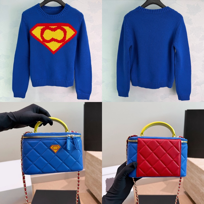 Vintage Women Blue Sweaters Designer Color Block Knitted Jumpers Sping Autumn Street Style Club Sweater Top