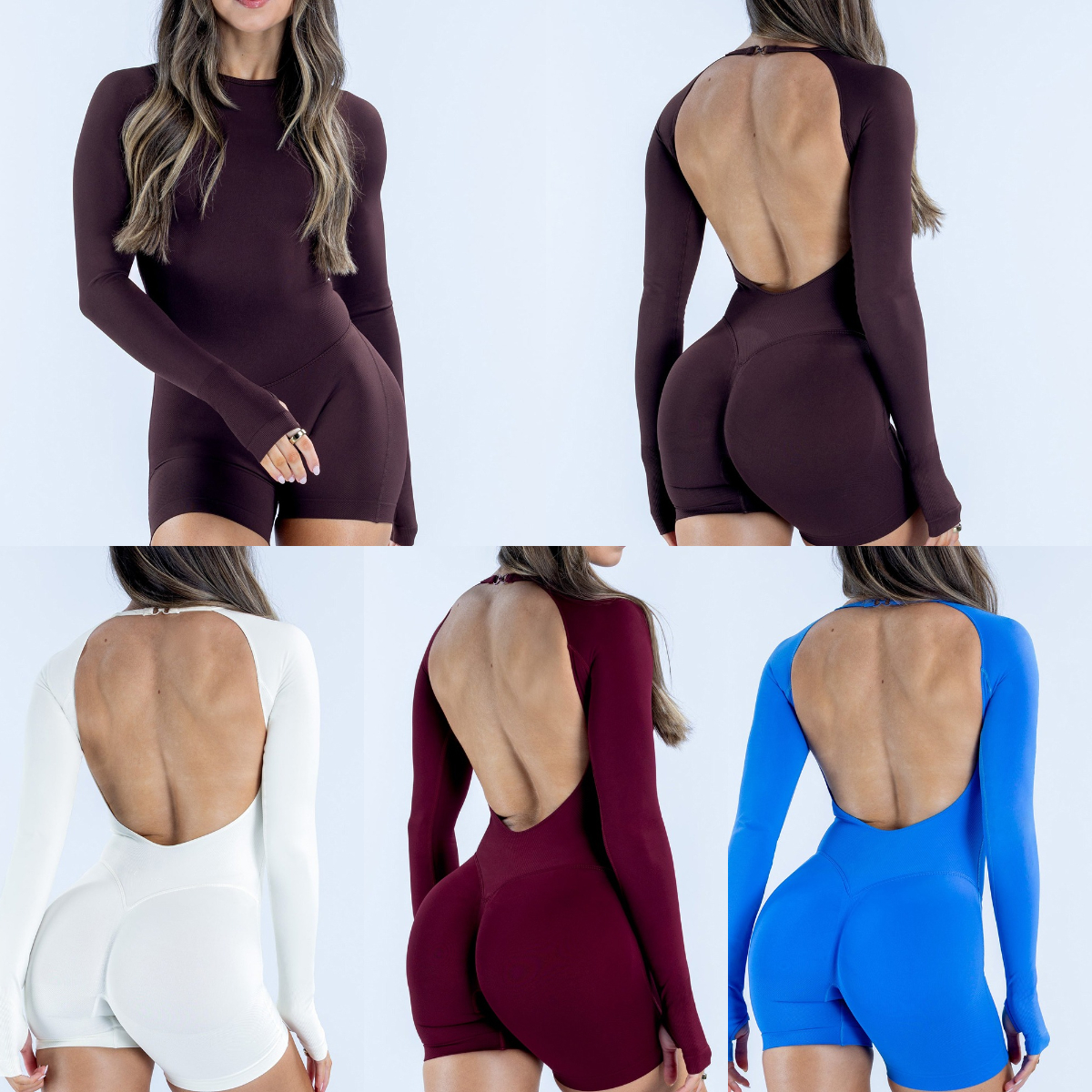 Women Defyne Open Back Long Sleeve One Piece Jumpsuit Elastic Tummy Control Slim Fit Backless Bodysuit Yoga Gym Workout Sportswear