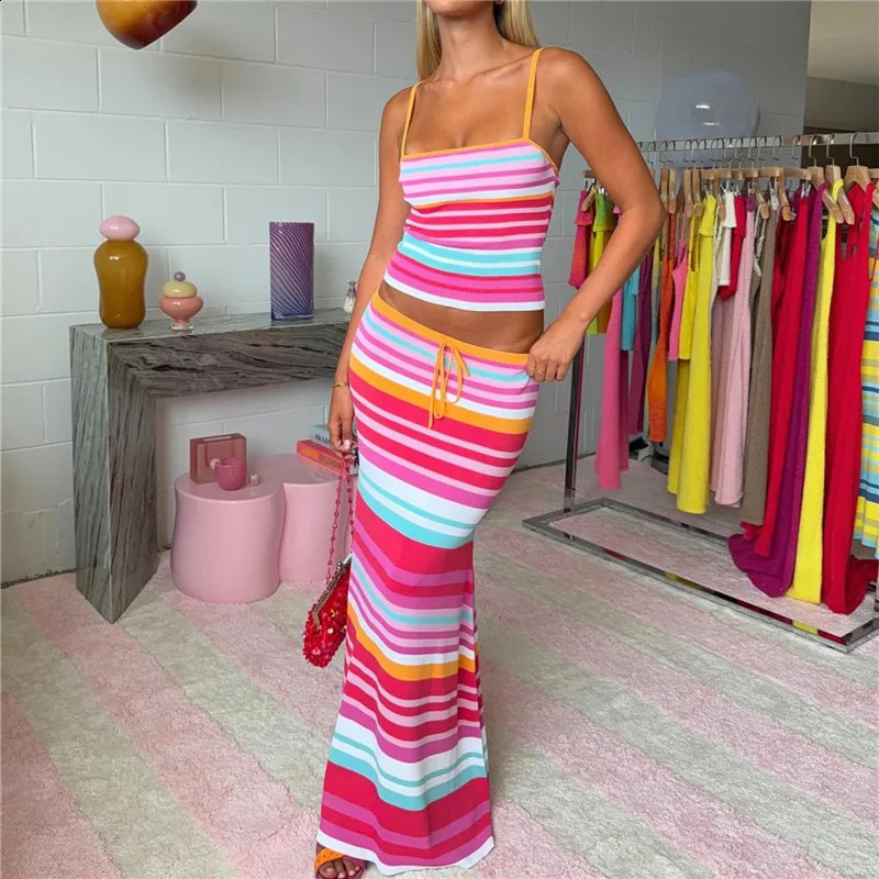 Womens Two Piece Summer Outfits Y2K Sleeveless Spaghetti Strap Tank Tops and Drawstring Long Skirt Set Vacation Beachwear 260629BJ