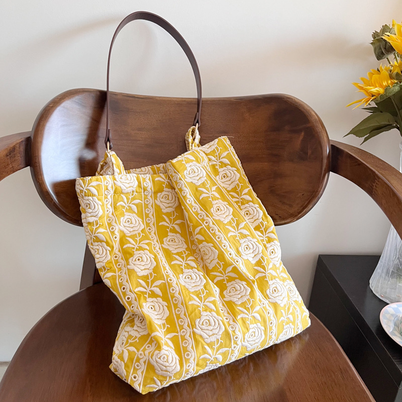 Femmes lourd brodé jaune Rose sac fourre-tout à bandoulière quotidien Portable coton cuir sangle sac à main décontracté SENYY