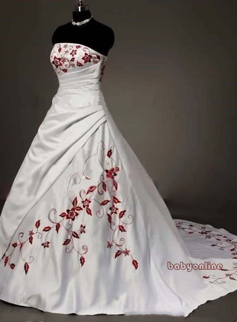 Red And White Embroidery Wedding Dresses Vintage Strapless Stain Pleated Gothic Lace Up Corset Country Bridal Gown