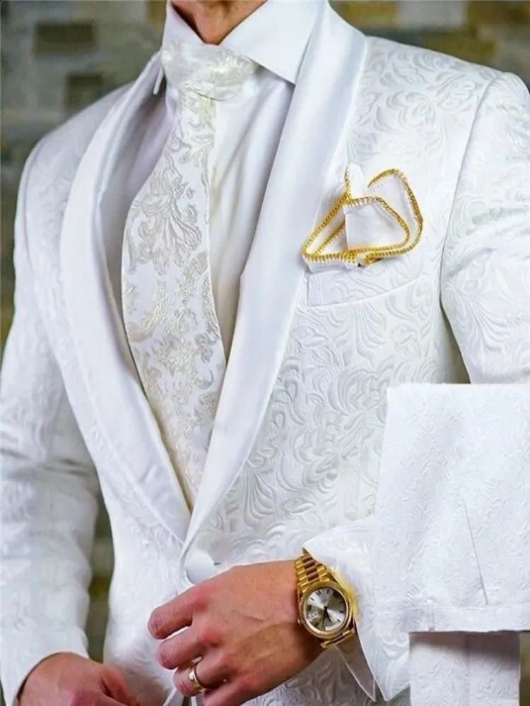 Groomsmen White Pattern Groom Tuxedos Shawl Satin Lapel Men Suits 2 Pieces Wedding Bridegroom Jacket Pants Tie D201 260629BJ