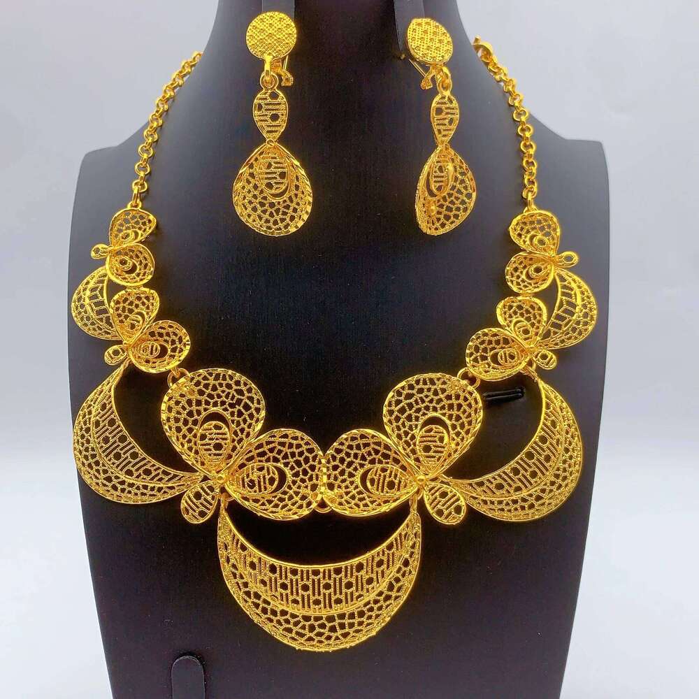 Ethiopian Jewelry Sets for Women Hollow Pendant Necklaces Earrings Two Pieces Set copper alloy Gold Color Eritrean Wedding Party Gifts