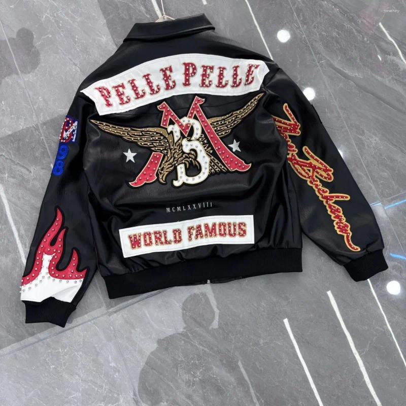 Men's Jackets American Retro Cool Design Flame Decoration Hip-hop Eagle Nail Motorcycle Embroidery Leather Winter Version Mens Jacket