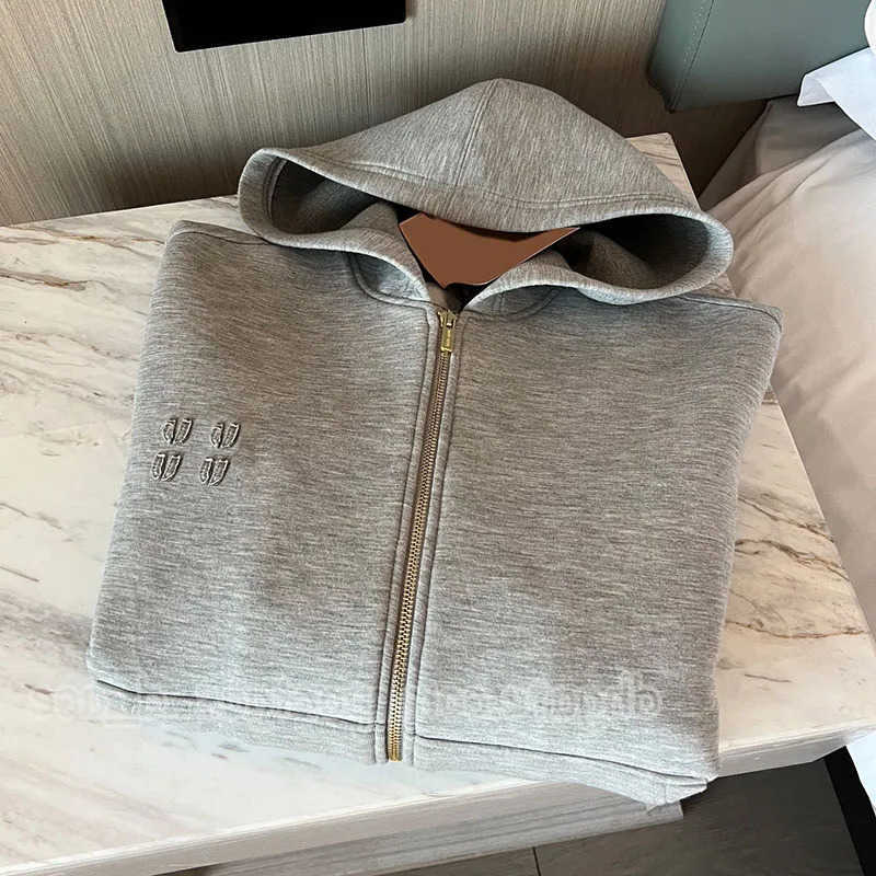 mui zip up hoodie Women Hooded Zipper Gray Jacket Designer womens coat Long Slve Sweatshirt Jackets Luxury Preppy Strt Style Coats hoodies designe L