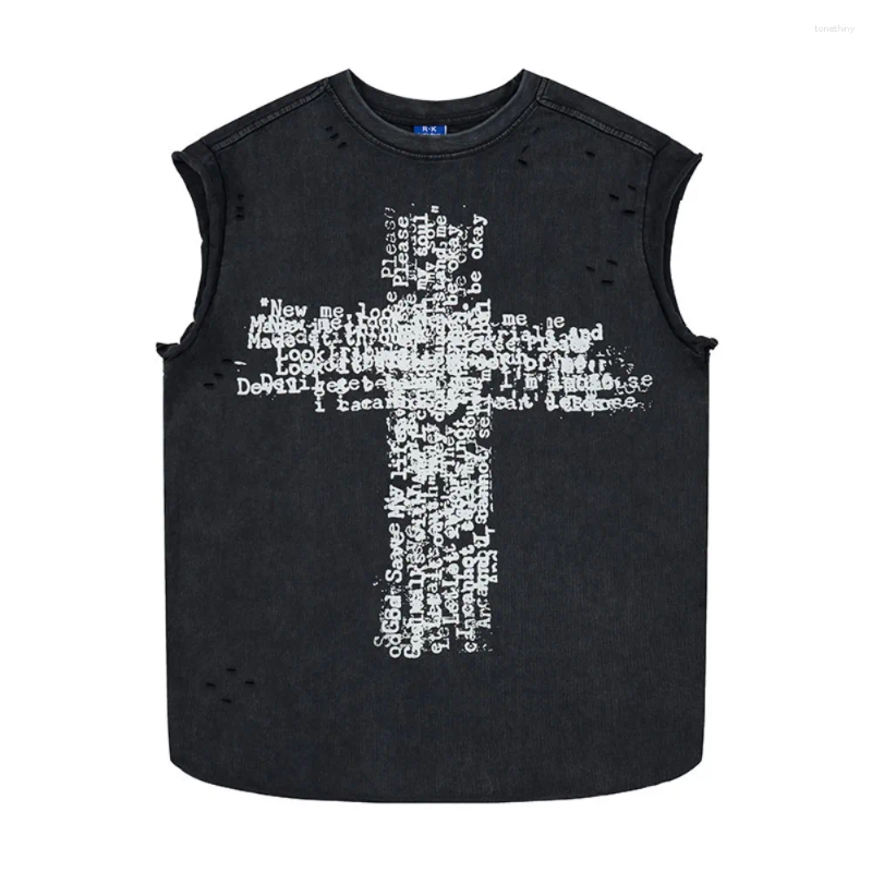 Men's T Shirts 2026 Summer Ripped Tank Top Man Washed Streetwear Y2k Sleeveless Shirt Tees Cross Printed Cotton Baggy Clothes Tops