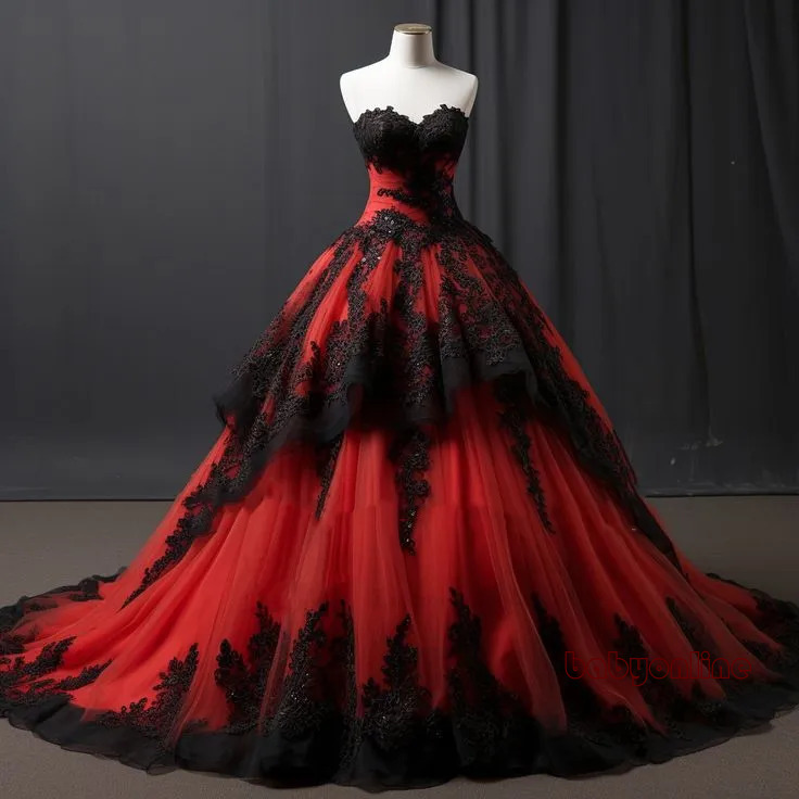 Vintage Black And Red Ball Dresses With Lace Appliques Tiered Strapless Sleeveless Long Gothic Wedding Gown For Women Plus Size Vestido De Novia