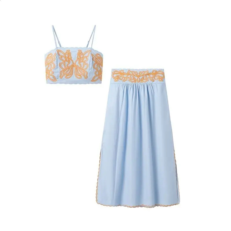 Womens European And American Style Casual Elegant Retro Simple Short Style Strap Embroidered Top Skirt Set 260629BJ
