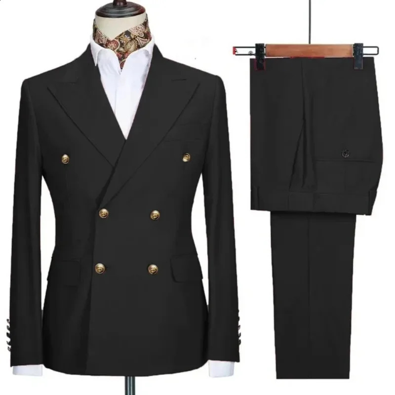 Double-breasted suit for formal occasions gold buttons mens outfit for weddings dinners and parties 260629BJ