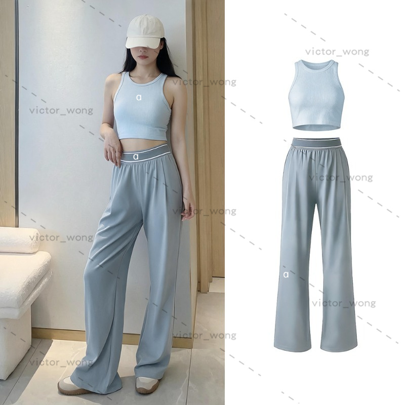 Women 2 Piece Ribbed Racerback Crop Tank Top Contrast Waistband Wide Leg Pants Matching Set Soft Stretch Casual Daily Yoga Two Piece Outfit