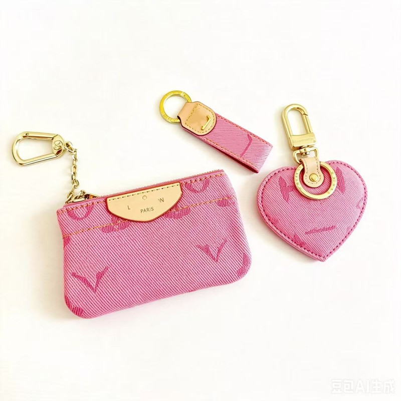 Designer rose Denim monogramme pochette porte-monnaie coeur porte-clés dragonne mini porte-carte femmes petit portefeuille à fermeture éclair sac