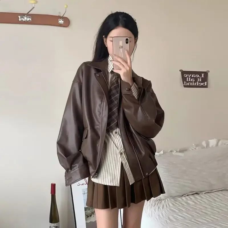 marron col rabattu fermeture éclair veste en cuir manteau américain Vintage moto vêtements décontracté Y2k ample épaissi haut 260625