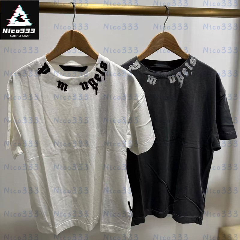 Angels neck spray painted P Angels letters simple cotton round neck heavyweight hundred street men women casual short-sleeved T-shirt-image-761116509
