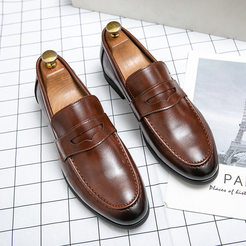 Polished Black Leather Penny Loafers Slip-On Flat Cushioned Insole Formal Business Wedding Dress Shoes For Men
