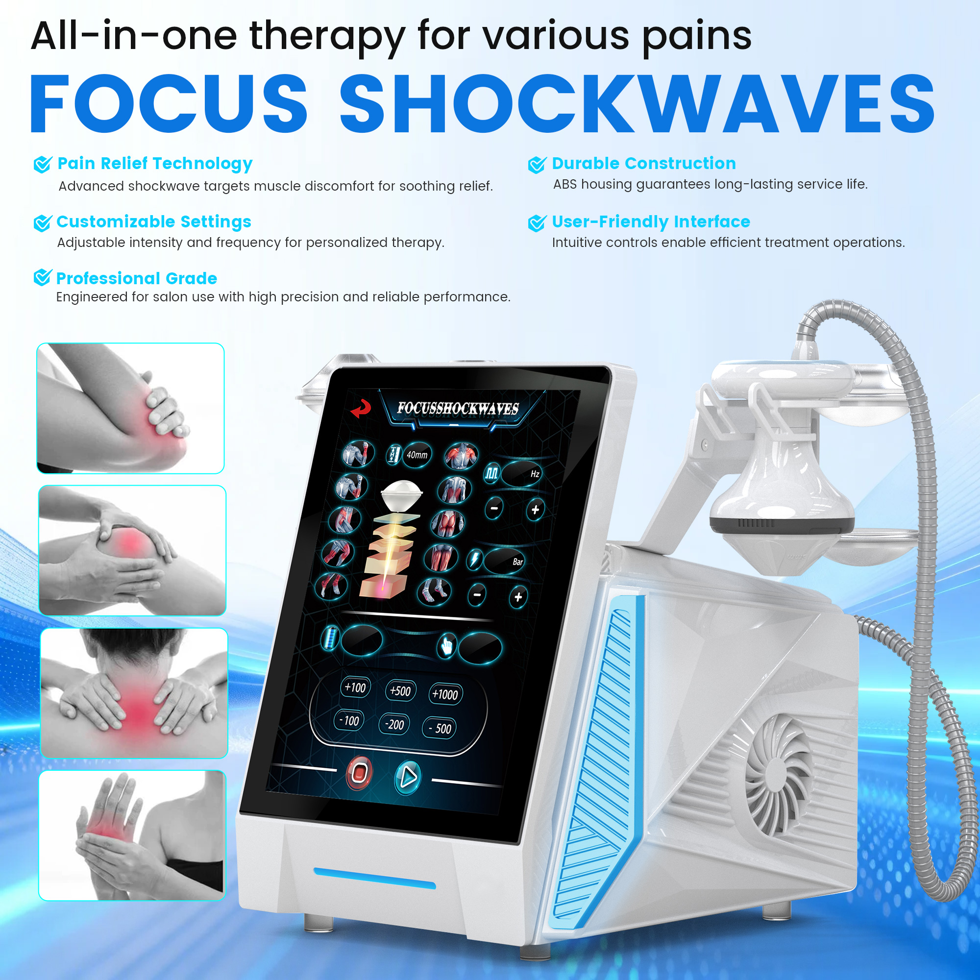 New Focus Shockwave Physiotherapy Device Handheld Pain Relief Massager with 7 Treatment Heads for Salon Home Professional Rehabilitation-image-1112848745