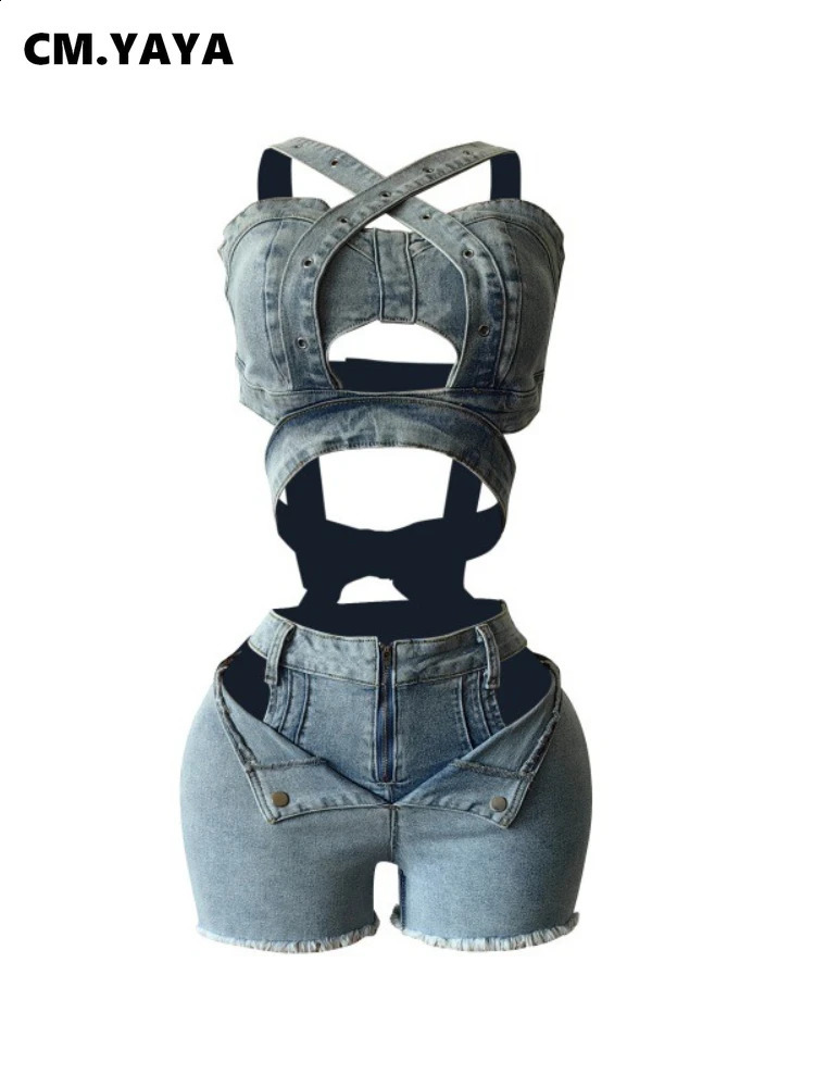 CMYAYA Sexy Holiday Denim Womens Set Halter Neck Crop Tops and Ripped Out Shorts Jeans Summer Two 2 Piece Sets Outfit 260629BJ