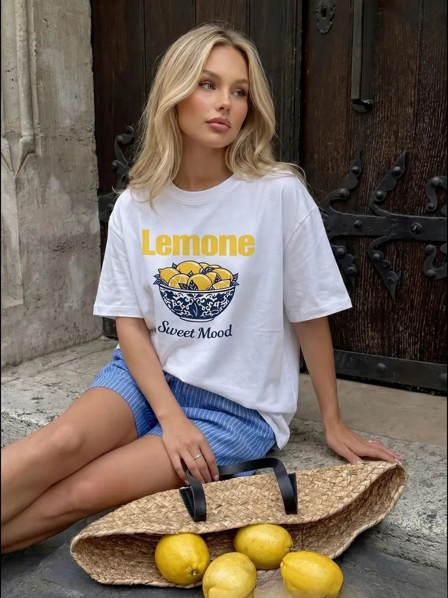 2026 American Vintage 100 Cotton Summer Beach Lemon Print Spicy Girls Loose ins Y2K Womens Round Neck T-shirt 260629BJ