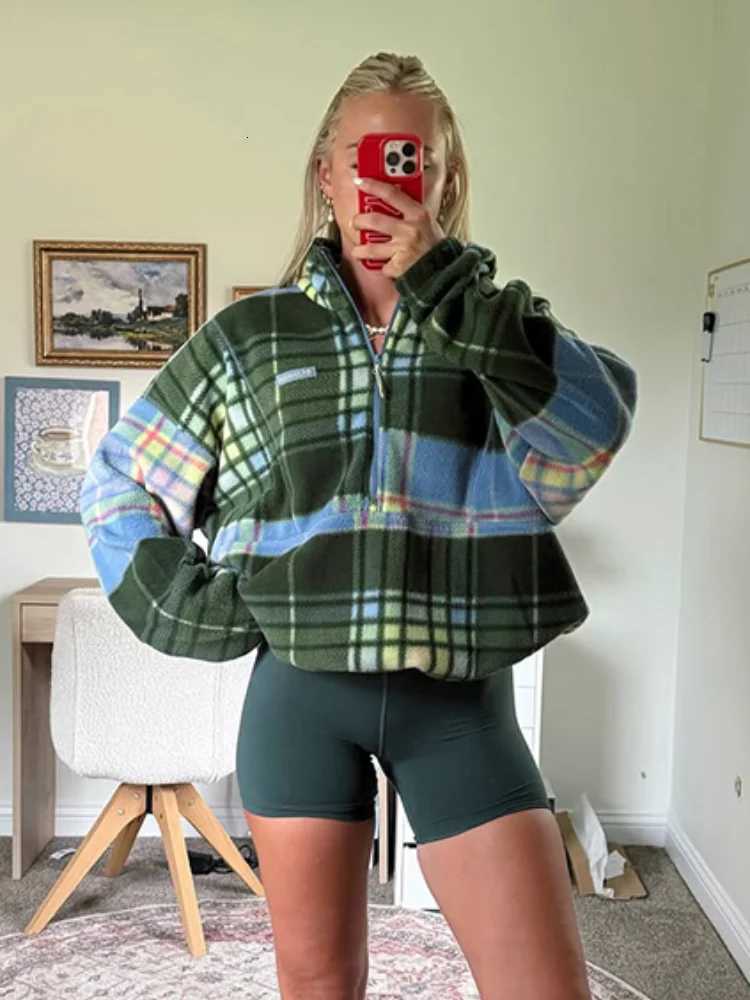 Women's Hoodies Sweatshirts Women ColorBlock Plaid Stand Collar Half Zip Fleece Sweatshirt Jacket 2026 Patchwork Check Outdoor Hiking Windproof