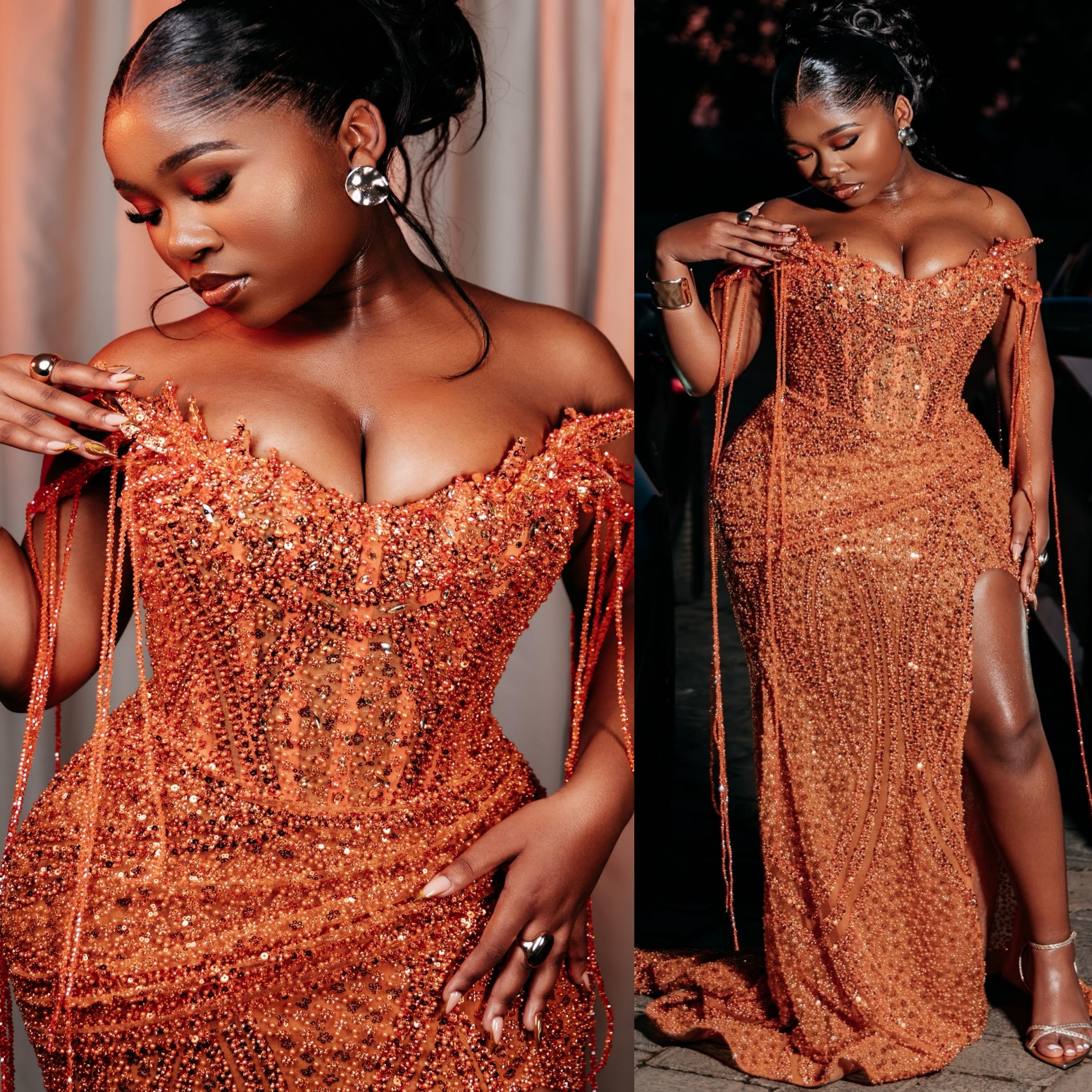Aso Ebi Nigerian Orange Mermaid Prom Dress 2026 Beaded High Split Sequined Evening Dresses Birthday Formal Party Reception Second Long Dinner Dress