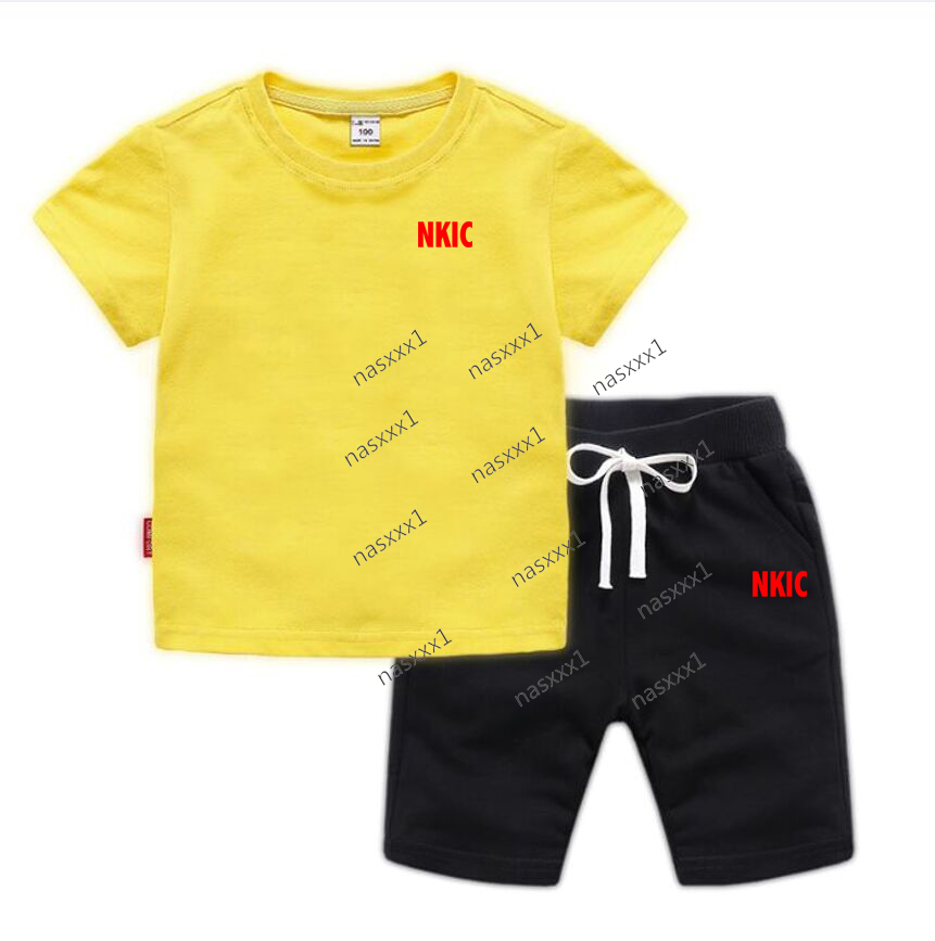 Kids Summer Leisure Letter Print 2pcs O-neck Short Sleeve 100% Cotton Yellow T-shirts Pants Suits Boys Girls Casual Outfits Children Brand Clothes