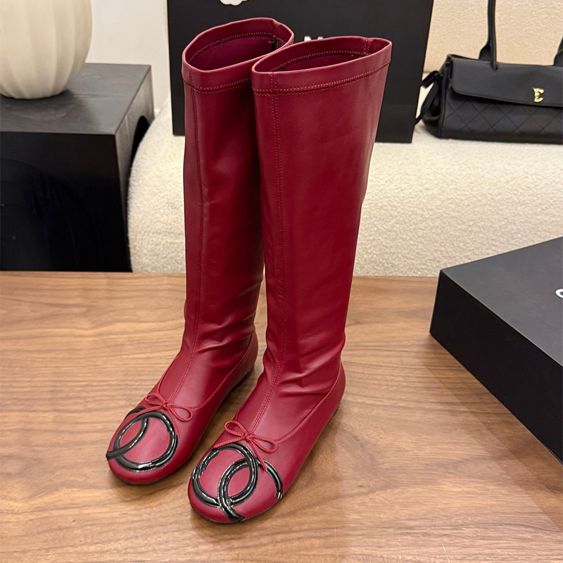 Winter Boot Luxury Designer Womens White Brown Leather Long Knee High Ballerina Flat Round Toe Bow Lace Fashion Footwear Quality Comfort Modern Styl