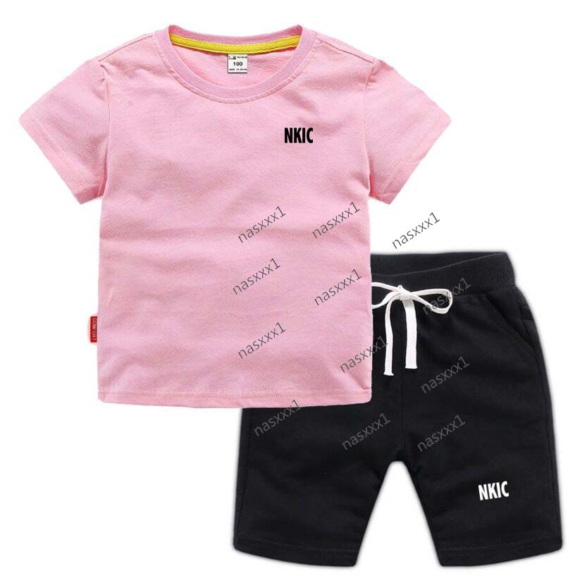 Enfants 100% coton rose t-shirt et short deux pièces ensemble vêtements de sport en plein air lettre imprimée été garçons filles tenues décontrac