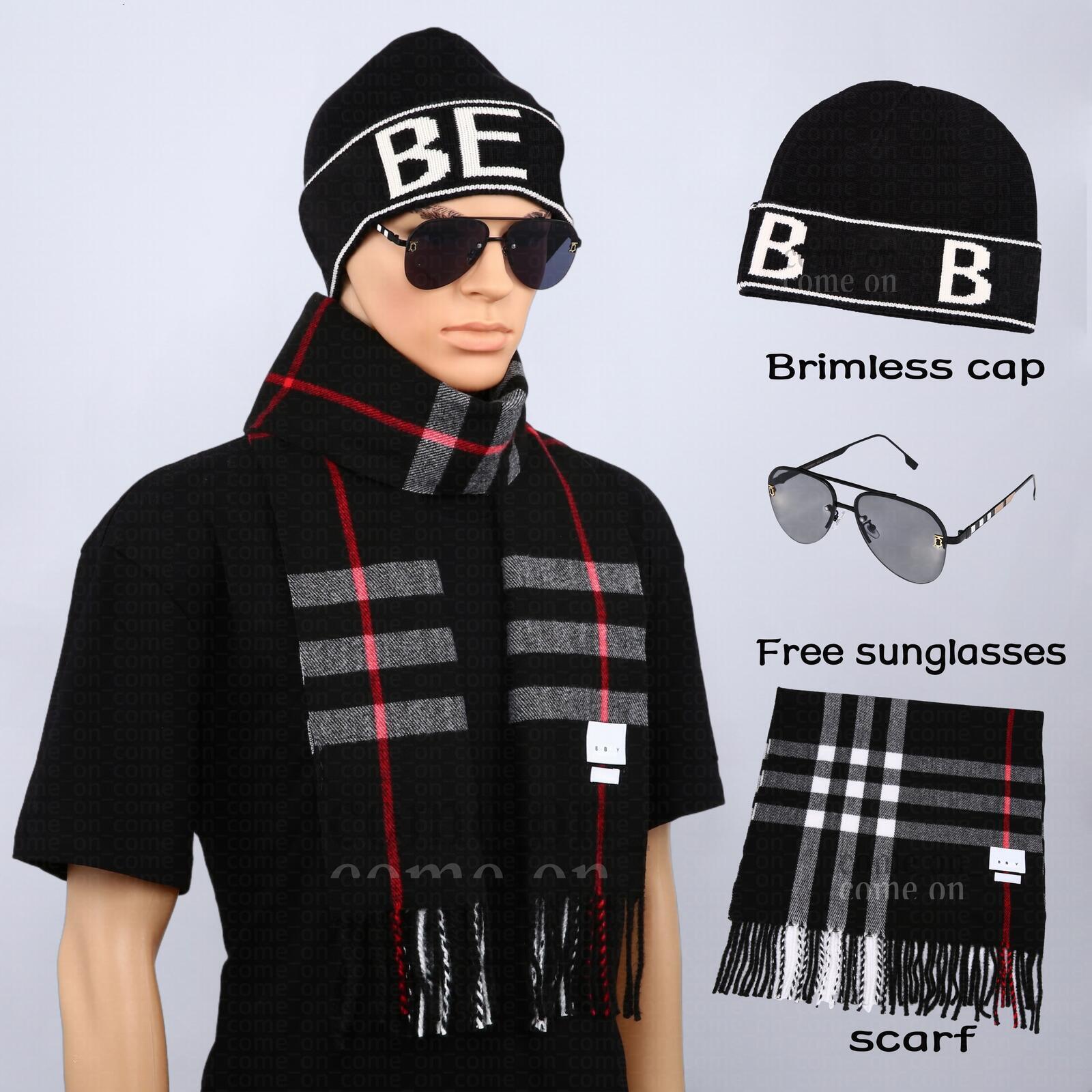 Conjunto de accesorios de moda, bufanda con flecos a cuadros y gorro con puños y letras de punto y 3 piezas, con gafas de sol gratis