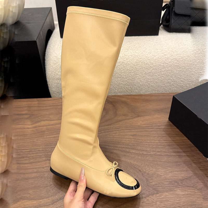 Round Toe Boot Luxury Designer Womens White Brown Leather Long Knee High Flat Lace Bow Fashion Dress Footwear Quality Comfort Stylish Trendy Office