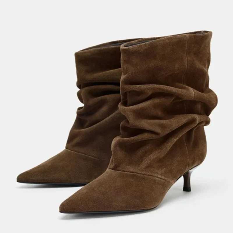 Boots Women Pointed Tip Boots Fashion Suede Slouch Boots for Woman Exquisite French Style Ankle Boots Designer Shoes Botas Mujer H260930
