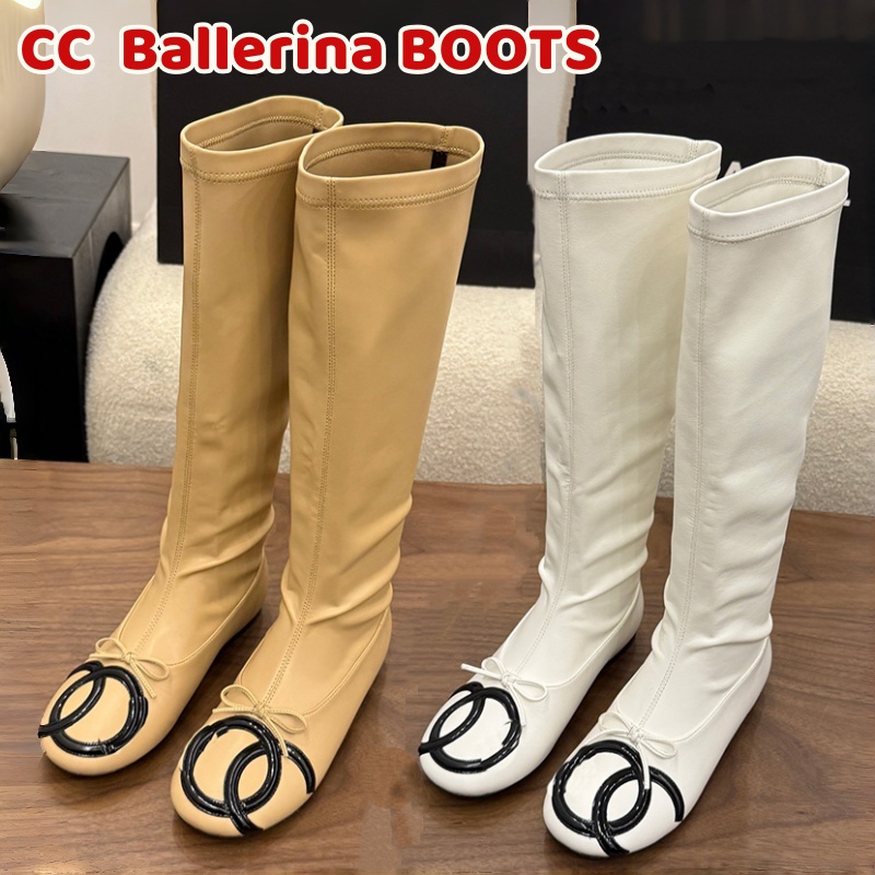 Ballerina Stilista Lusso Donna Bianco Marrone Pelle Ginocchio Lungo Punta Rotonda Piatta Moda Abito Casual Calzature Qualità Comfort Moderno Elegant