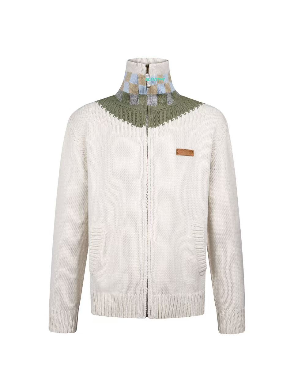 26ss Designer Spring and Autumn Pearlescent Zipper Leather Logo Men's and Women's Jacquard Knitted Shirt Collar Decoration Colored Pattern