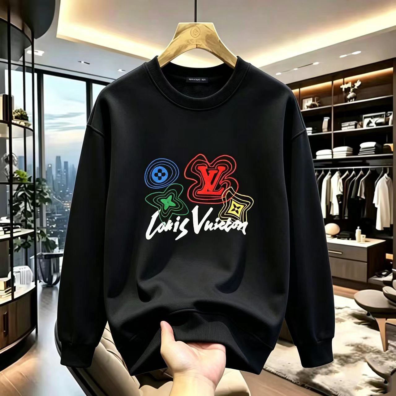 Casual, loose-fitting long-sleeved printed round-neck new style men's and women's crewneck hoodie, spring/autumn base layer top