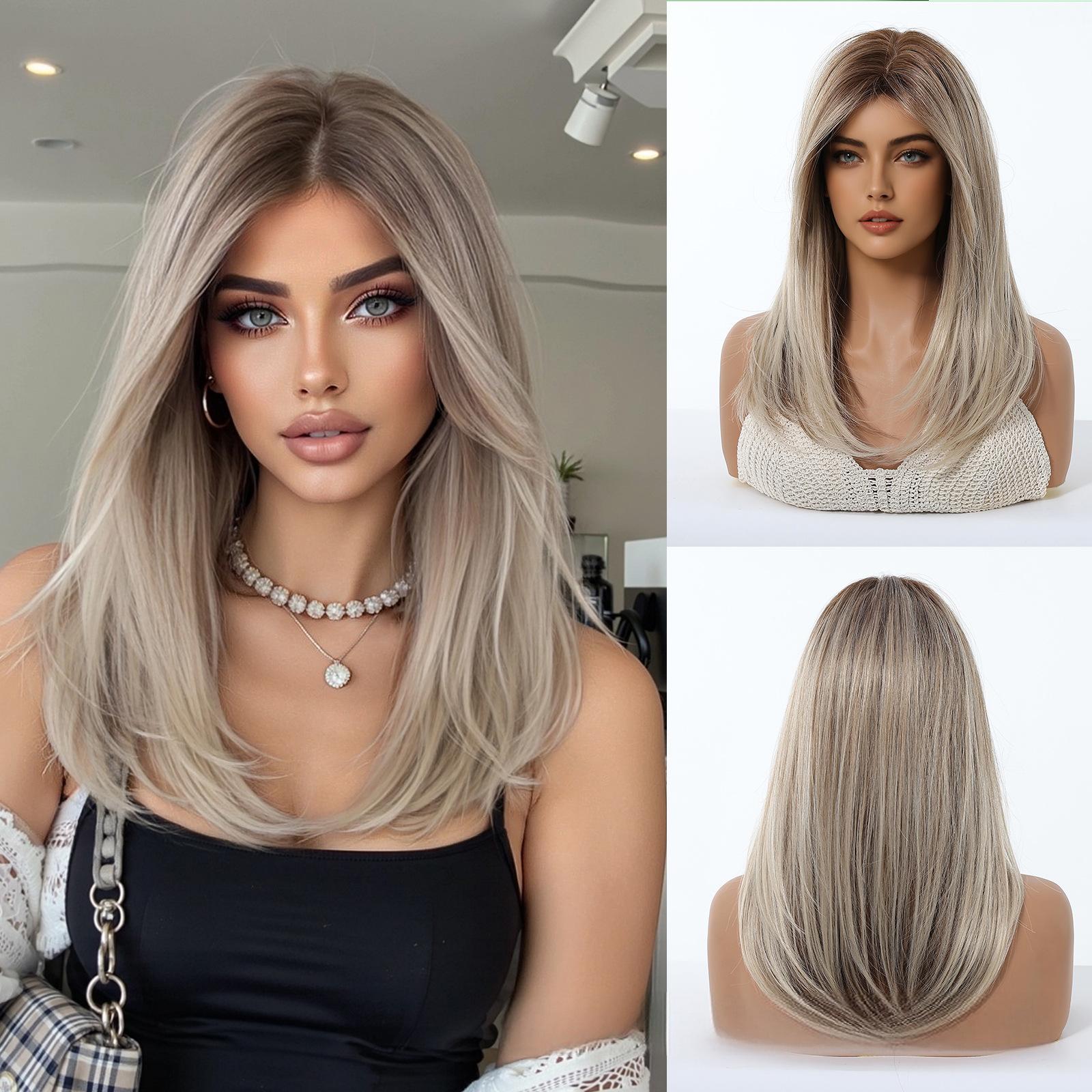 Women's Gradient Gold Medium Length Full Wig, Synthetic Hair for Halloween Cosplay