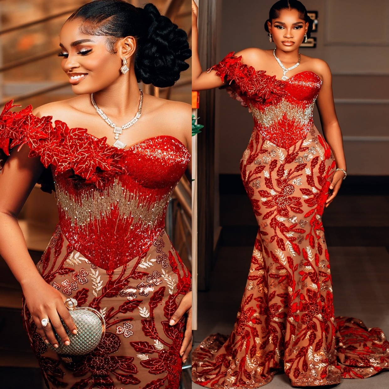Aso Ebi Nigerian Red Mermaid Prom Dress 2026 Floral Lace Beaded One Shoulder Evening Dresses Birthday Formal Party Reception Second Long Dinner Dres