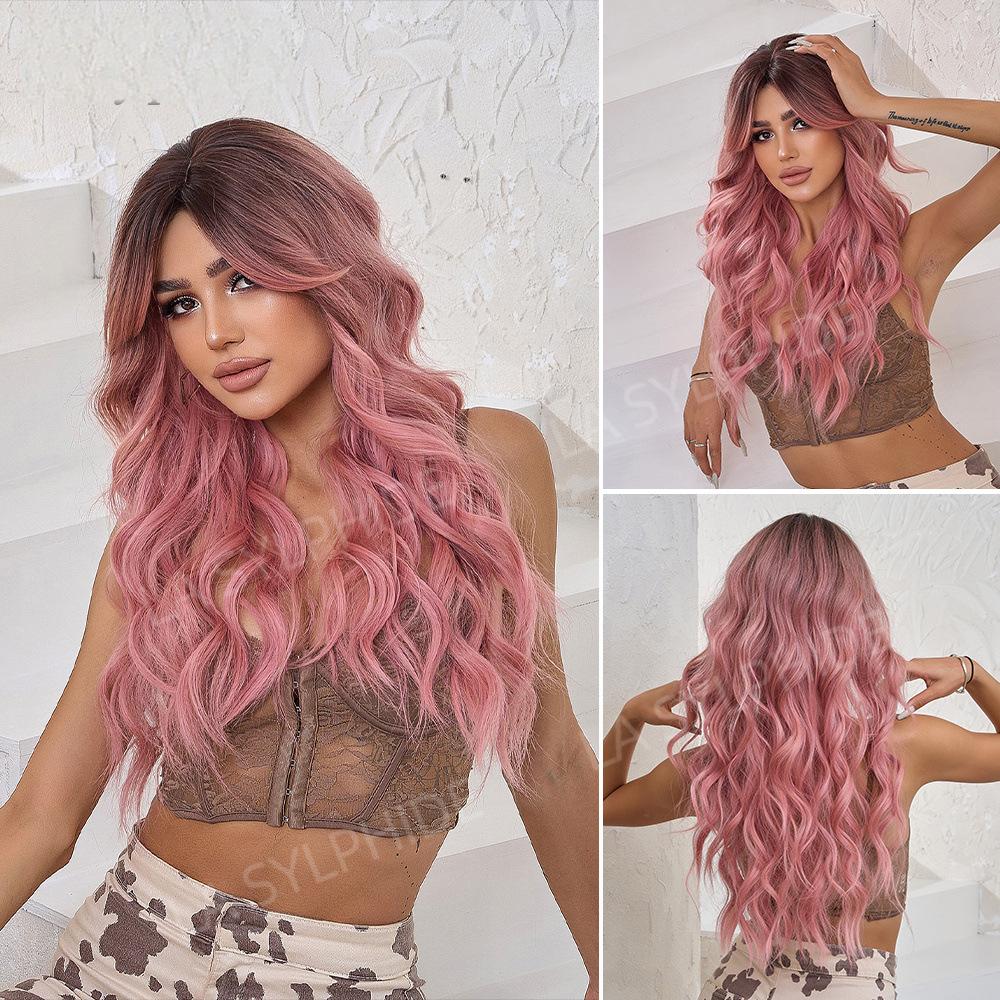 Women Full Head Pink Grey Gold Long Curly Synthetic Wig With Bangs, Machine Made Matt High Temperature Fiber Breathable Rose Net Cap
