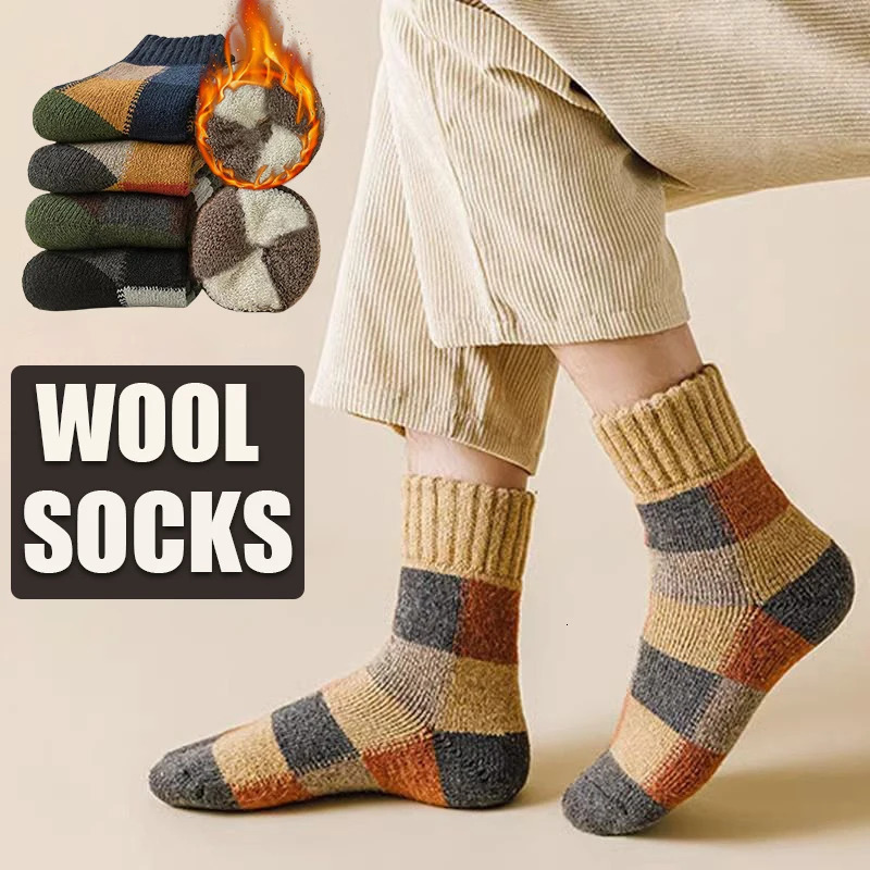 5pairs Winter Mens Warm Thermal Colorblock Thick Wool Socks Soft Comfortable Plush Snow Floor Sock High Quality 261017