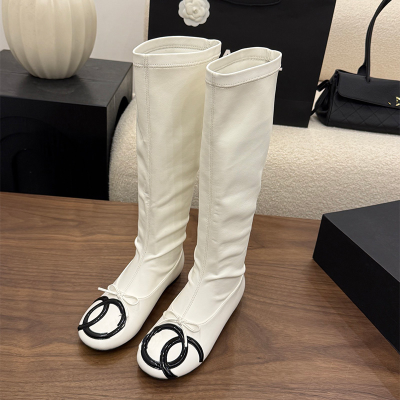 Long Boot Luxury Designer Womens White Brown Leather Ballet Flat Round Toe Lace Bow Fashion Dress Footwear Quality Comfort Stylish Trendy Winter Out