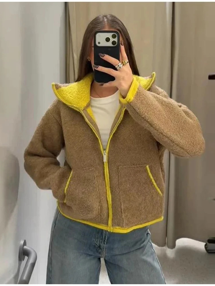 Cozy Women Elegant Blocking Knitted Cropped Cardigan Lapel Full Sleeves Zipper Pockets Loose Sweaters Lady Winter Daily Wears 260929
